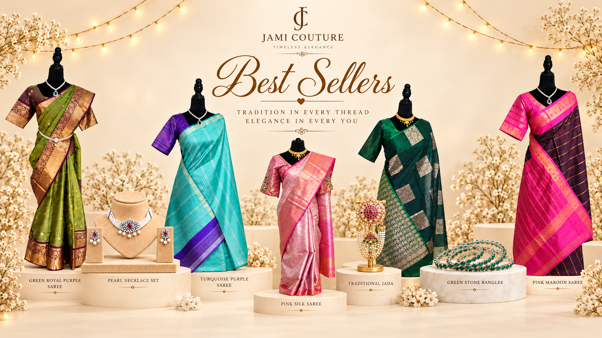 Jami Couture best sellers: five silk sarees on mannequins with a pearl necklace set, jada and green stone bangles