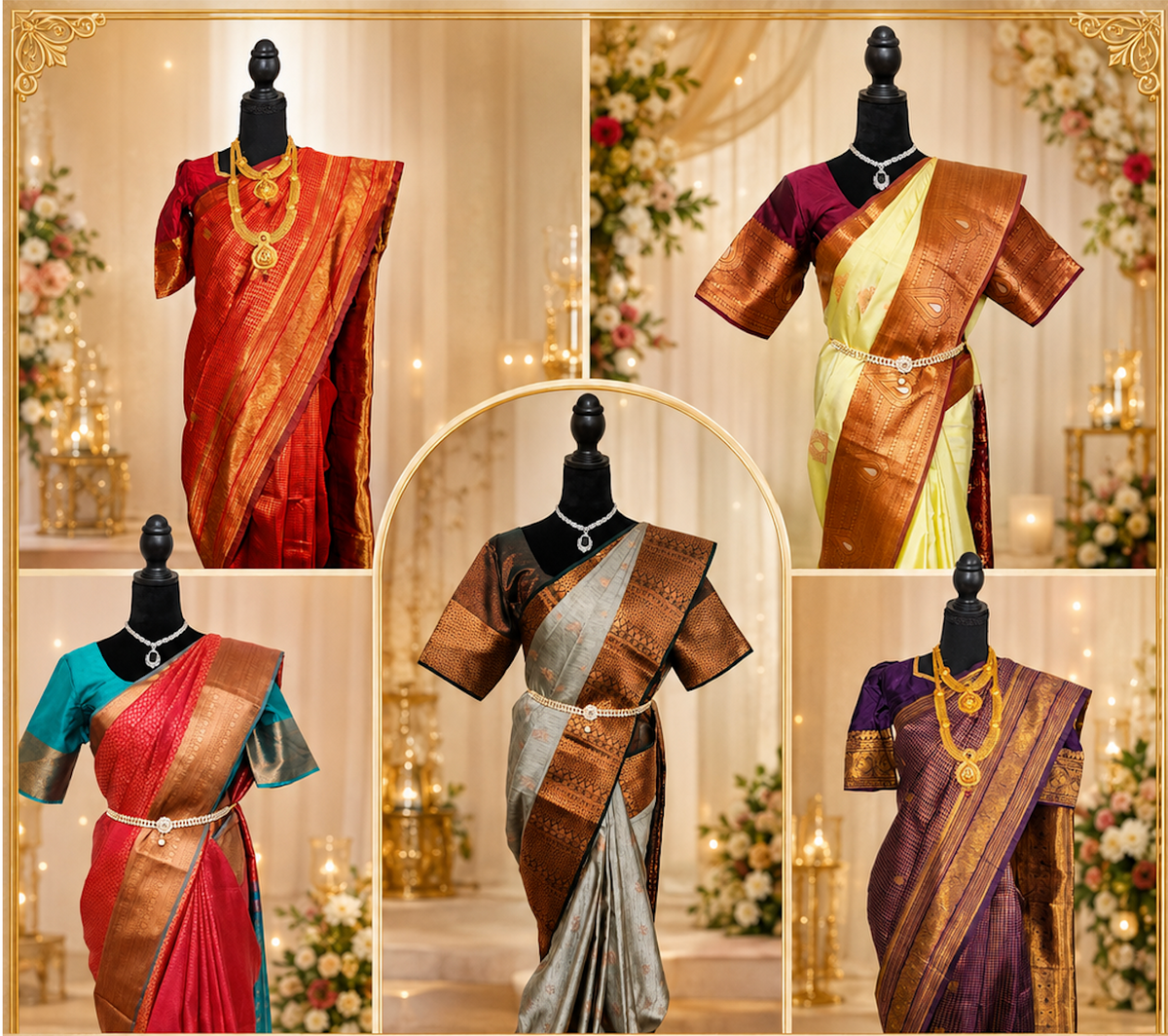 Five handpicked silk sarees on mannequins in red, pastel yellow, teal, grey and purple with gold zari borders