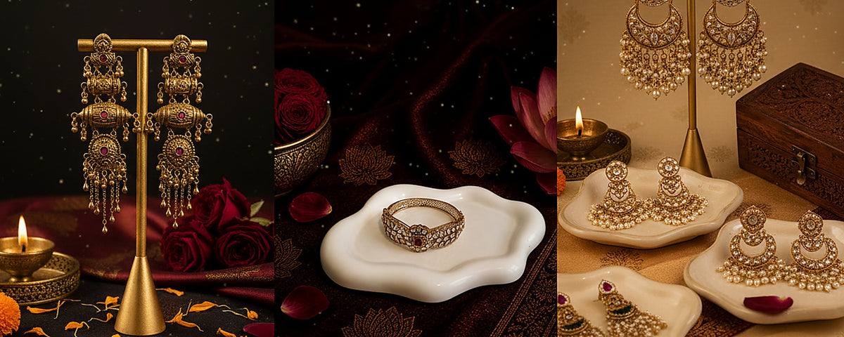 Antique gold jhumka and chandbali earrings with diyas, roses and marigolds