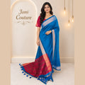 Blue Khadi Cotton Saree with Contrast Border & Blouse