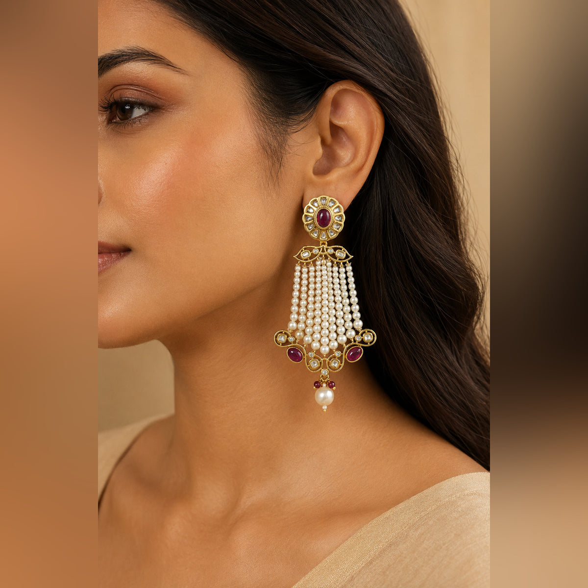 Kundan & Pearl Cascade Chandelier Earrings