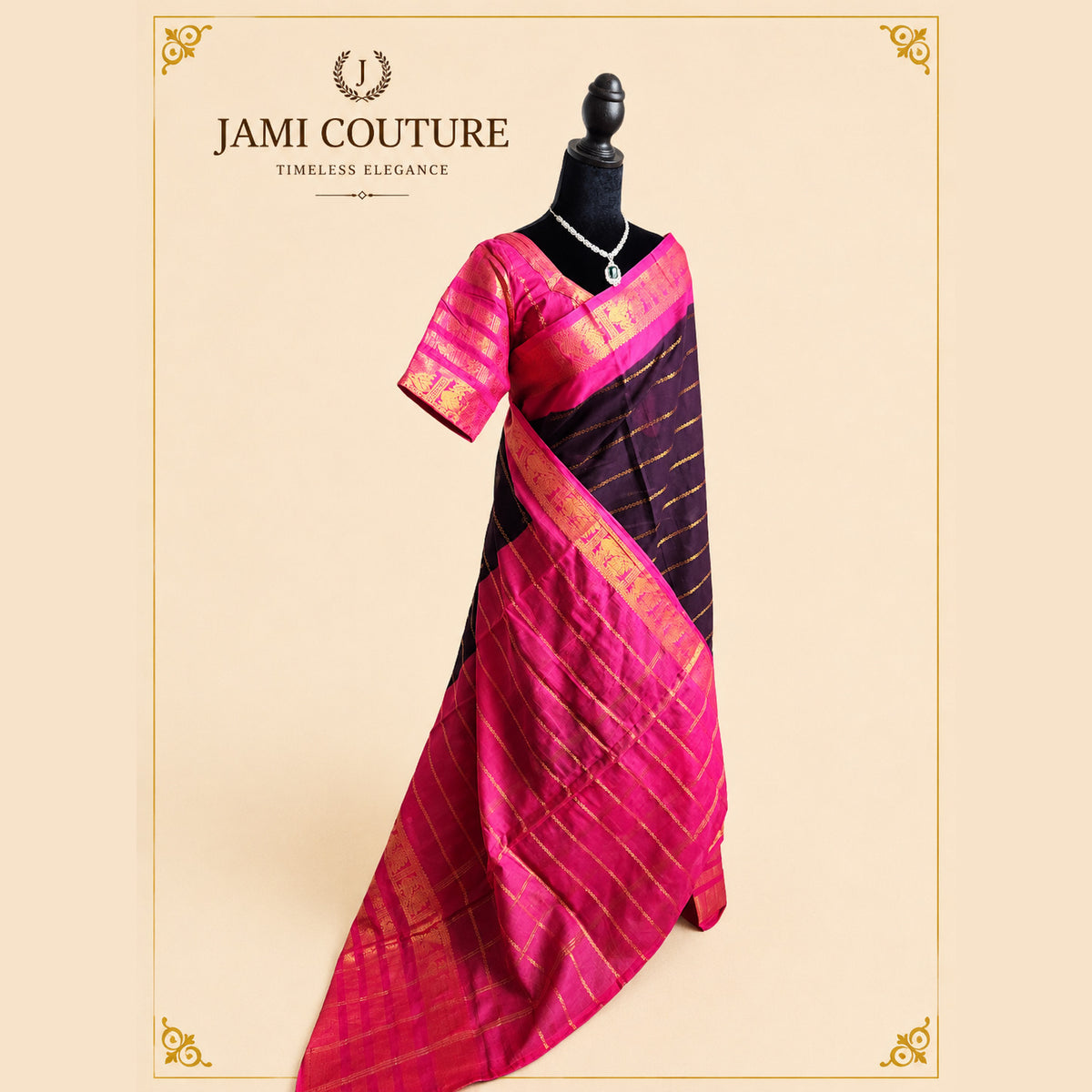 Magenta & Brown Silk Cotton Saree, Peacock Border