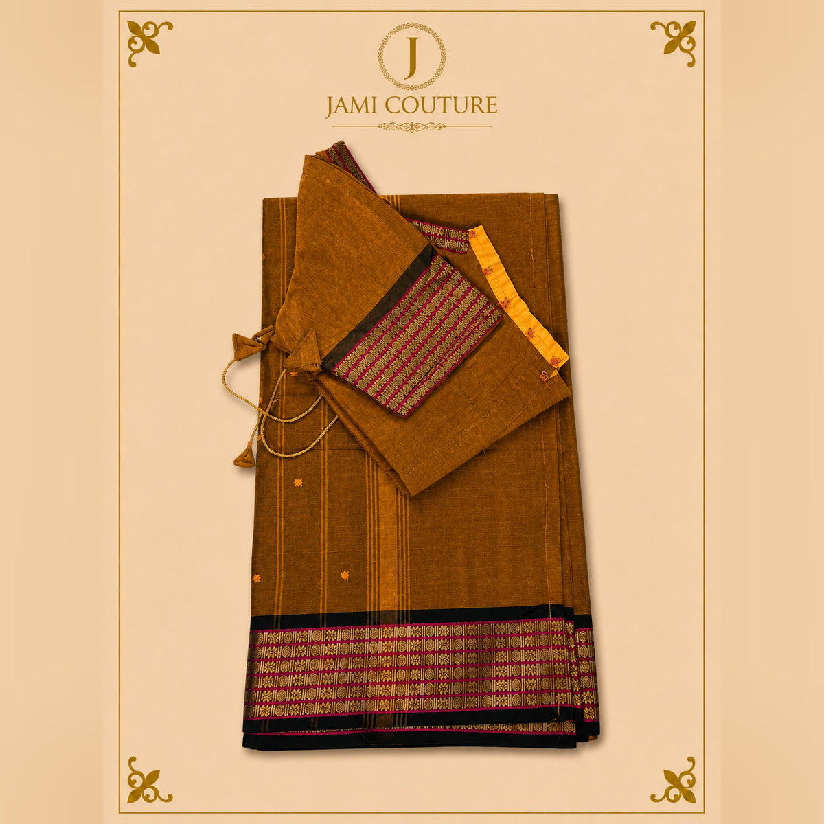 Mustard Brown Cotton Saree, Geometric Border