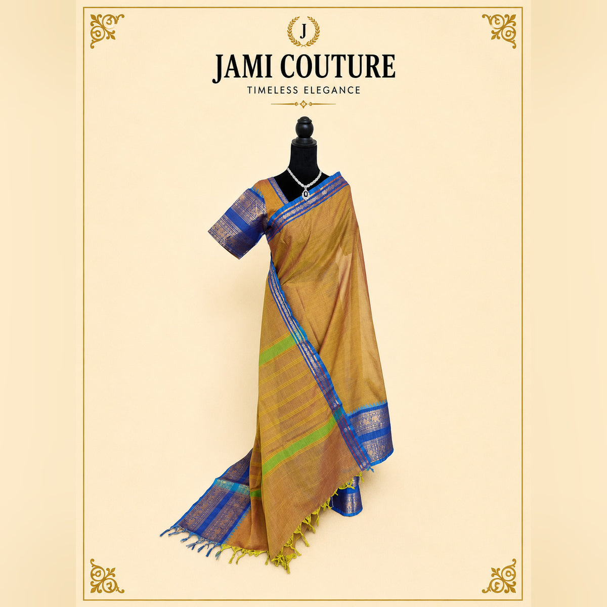 Mustard Handwoven Cotton Saree with Blue Border