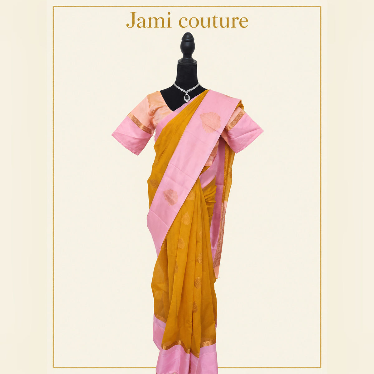 Mustard Silk Cotton Saree with Pink Border