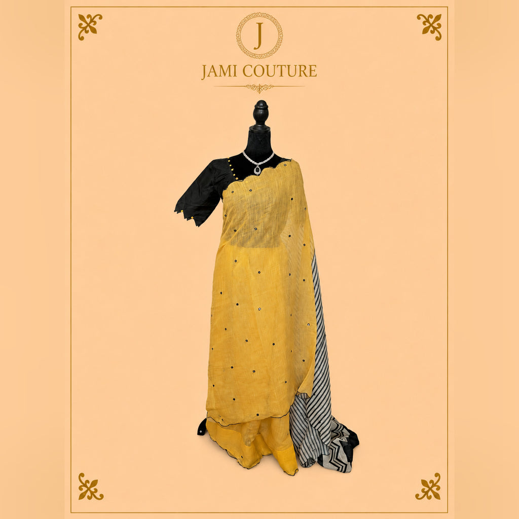 Mustard Mul Cotton Chevron Saree, Petal-Sleeve Blouse