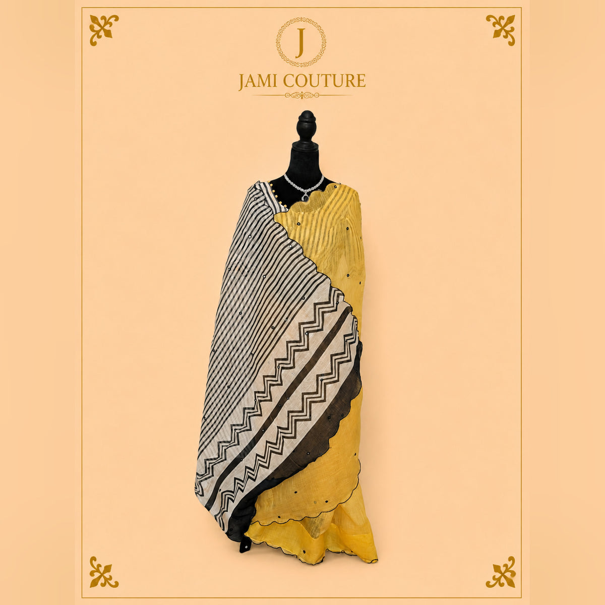 Mustard Mul Cotton Chevron Saree with Striped Blouse