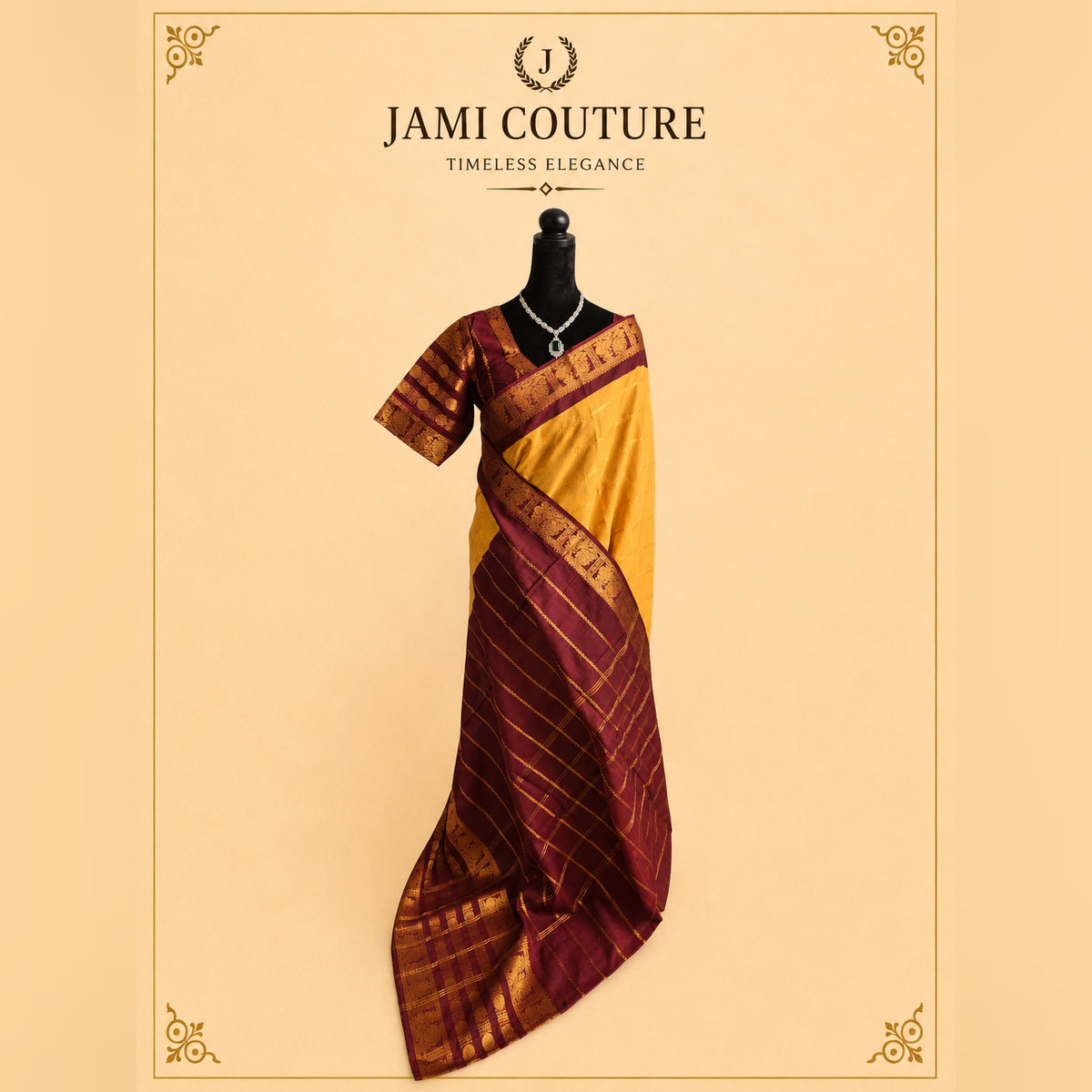 Mustard & Wine Silk Cotton Saree, Peacock Border