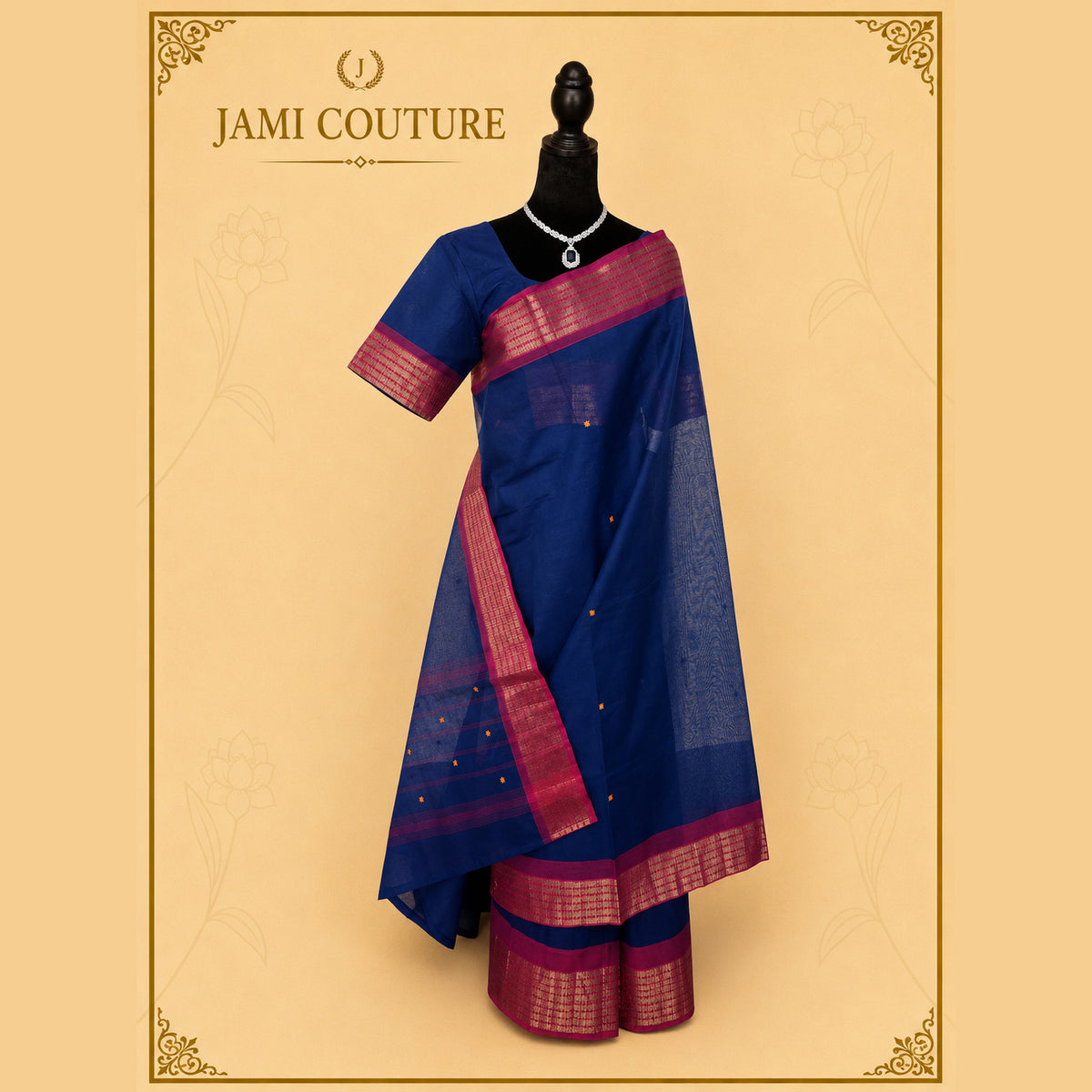 Navy Blue Cotton Handloom Saree, Red & Gold Border