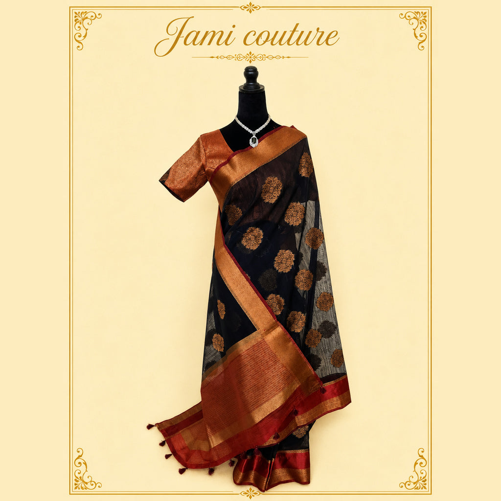 Navy Jute Linen Saree, Copper Motifs & Red Border