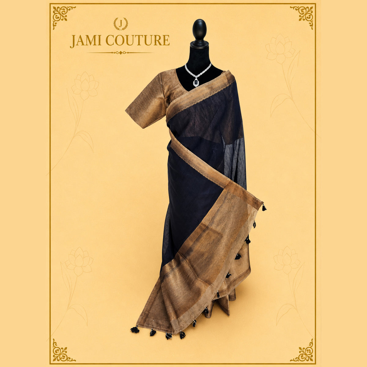 Navy Jute Banarasi Silk Saree with Gold Border