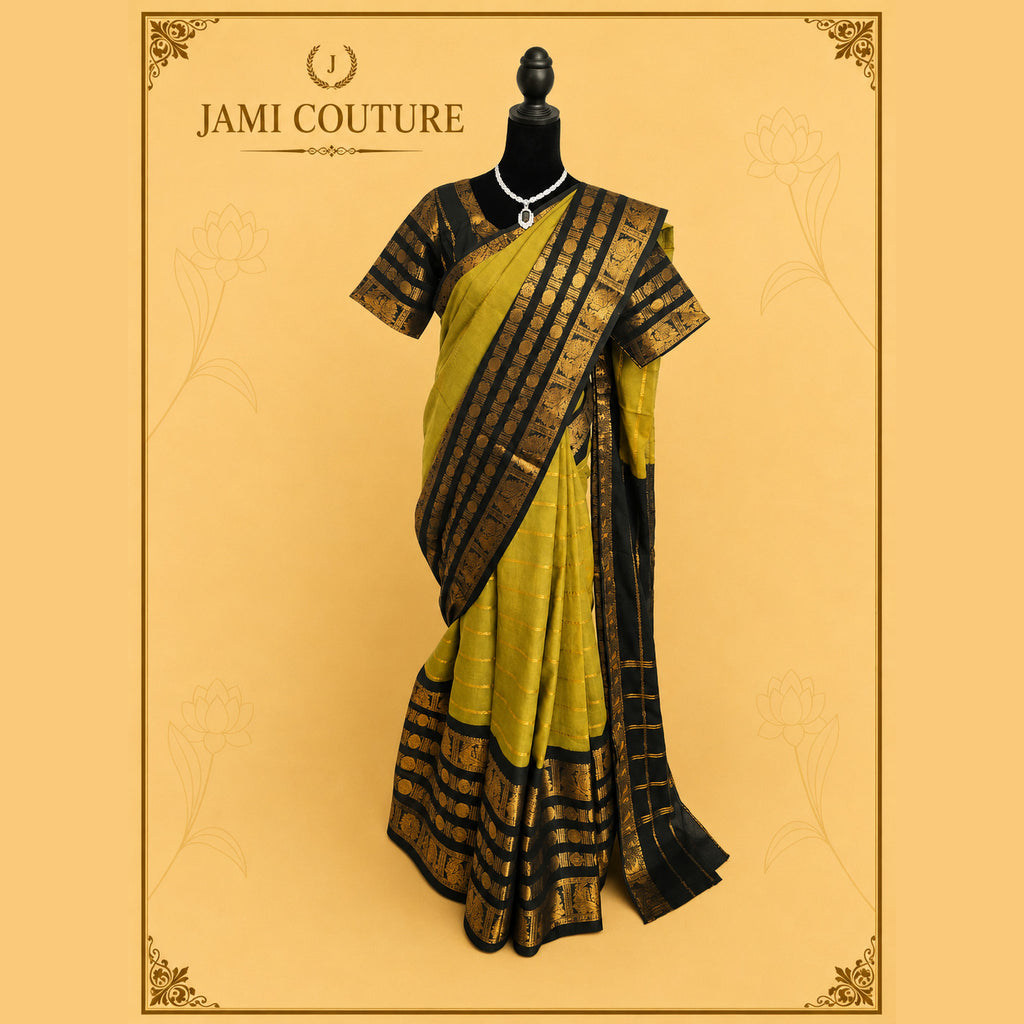 Olive & Black Silk Cotton Saree, Peacock Border