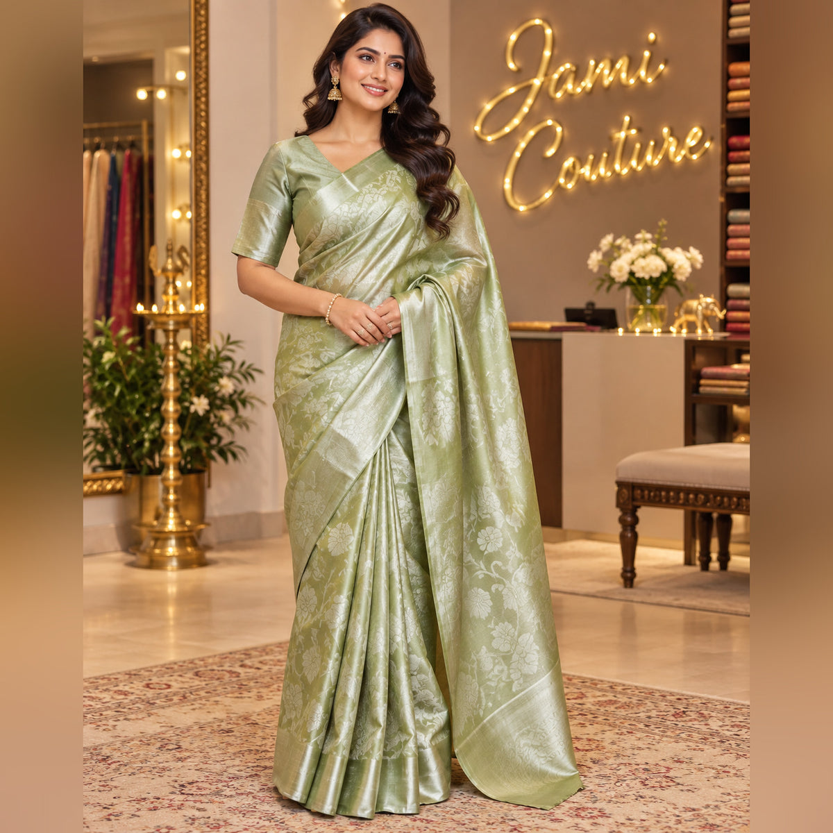 Olive Green Tissue Silk Saree, Silver Floral Zari