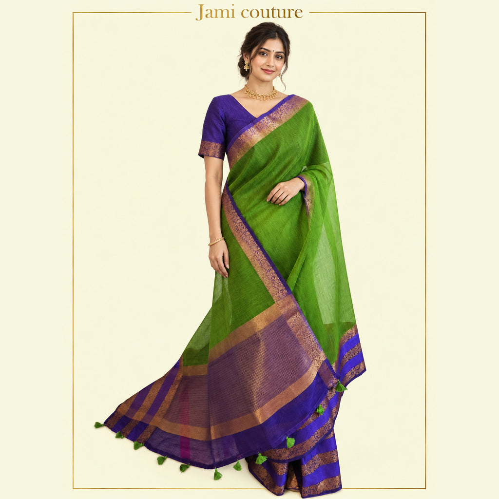Parrot Green & Royal Blue Jute Silk Saree with Double Gap Border