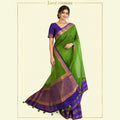 Parrot Green & Royal Blue Jute Silk Saree with Double Gap Border