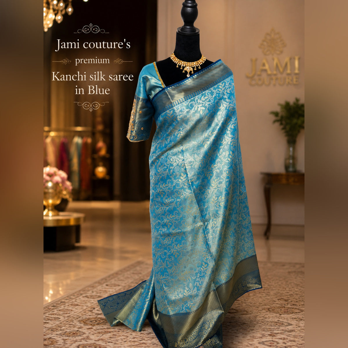 Peacock Blue Kanchivaram Silk Saree, Gold Zari