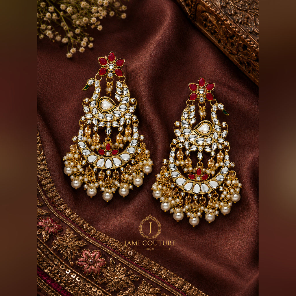 Peacock Kundan Chandbali Earrings with Pearl Drops