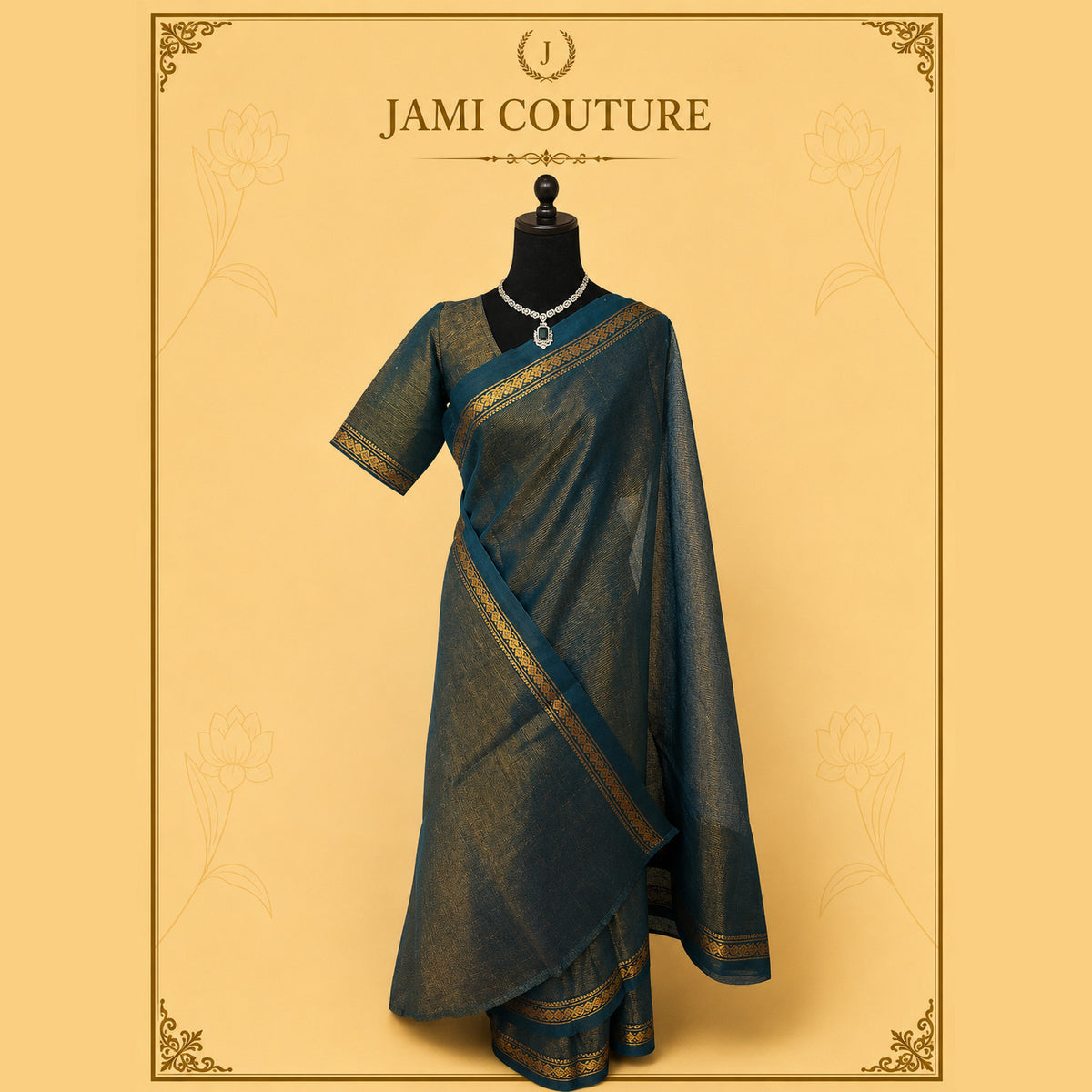 Peacock Teal Needle Weave Saree with Zari Border