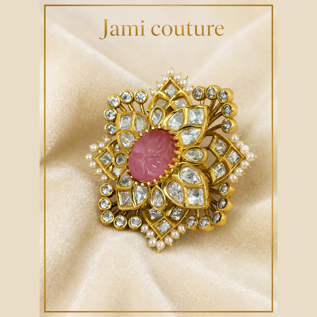 Pink Carved Stone Polki Kundan Ring with Pearls