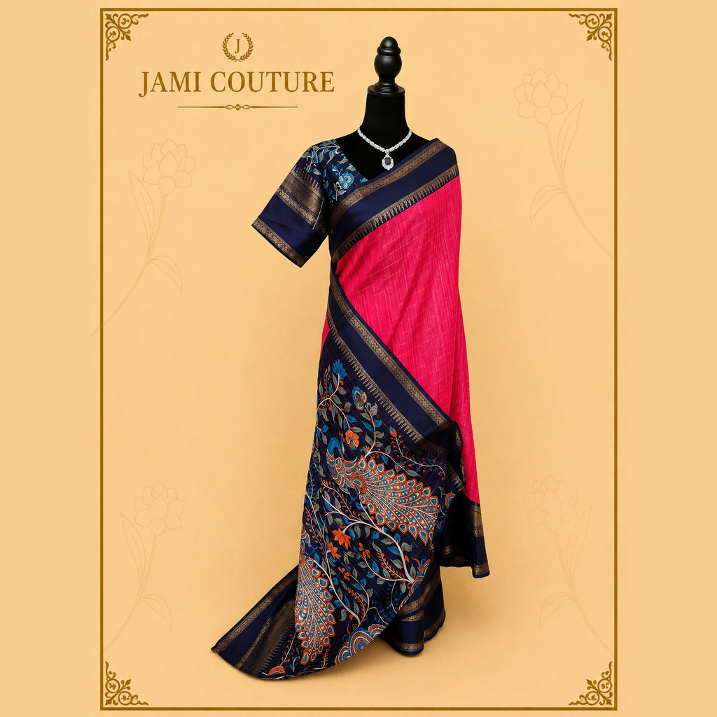 Pink & Navy Kalamkari Handloom Saree with Blouse