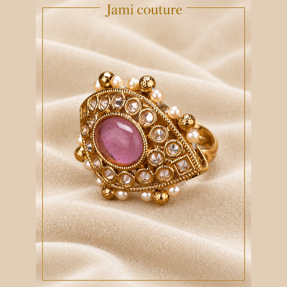 Pink Polki Kundan Ring with Pearl Border, Adjustable