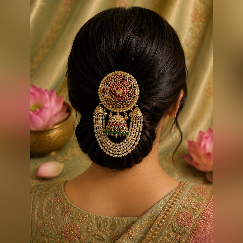 Antique Bridal Hair Brooch with Pearl Tassels & Jhumkis