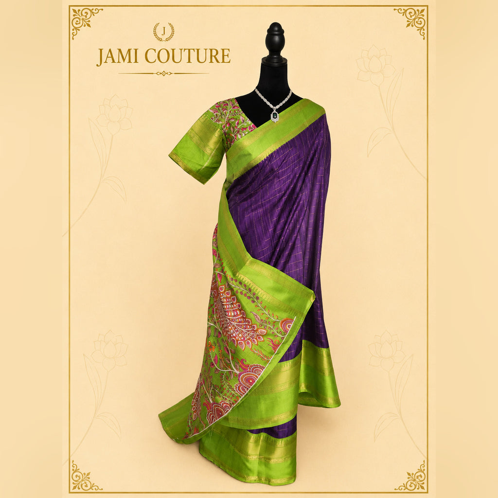 Purple & Green Kalamkari Handloom Saree with Blouse