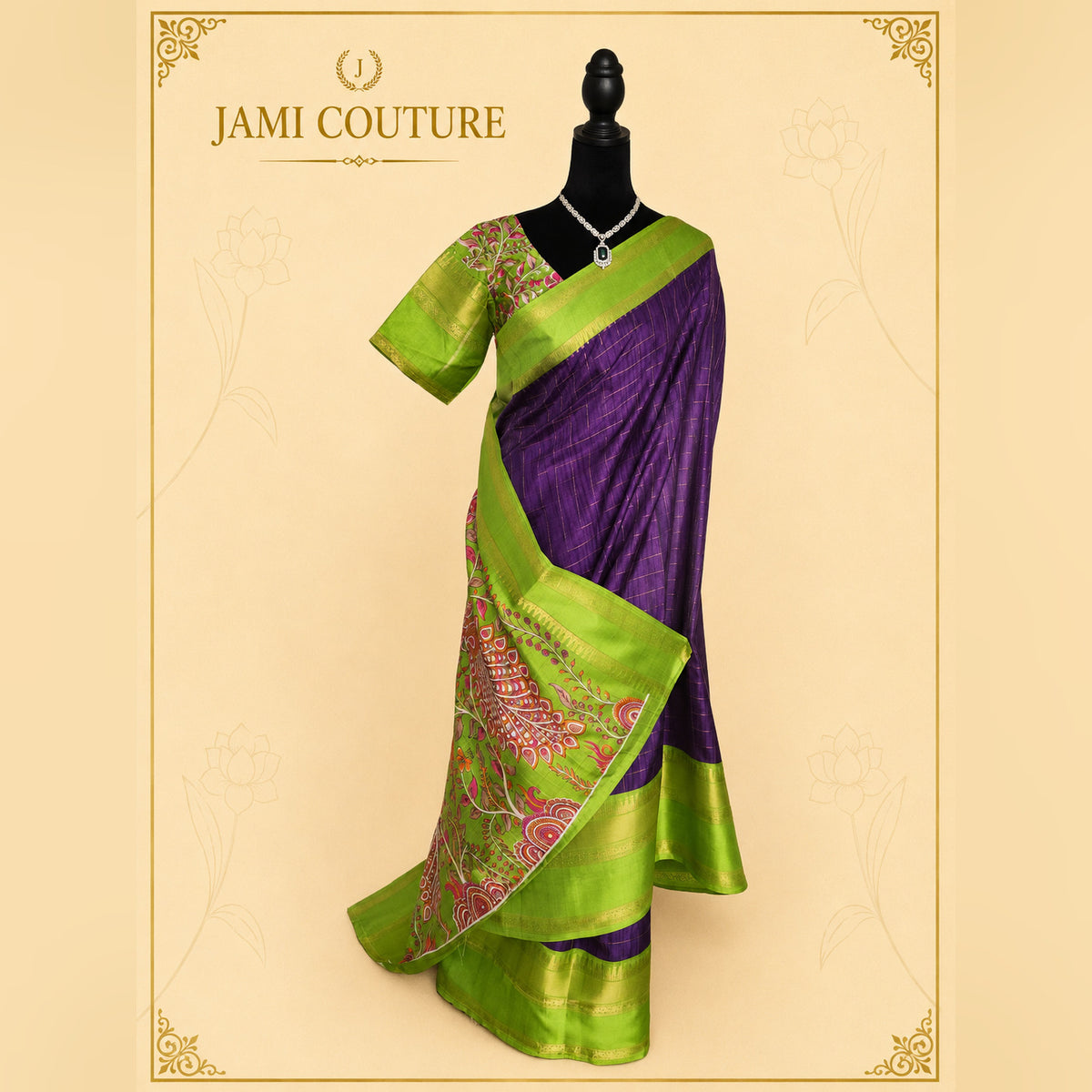 Purple & Green Kalamkari Handloom Saree with Blouse