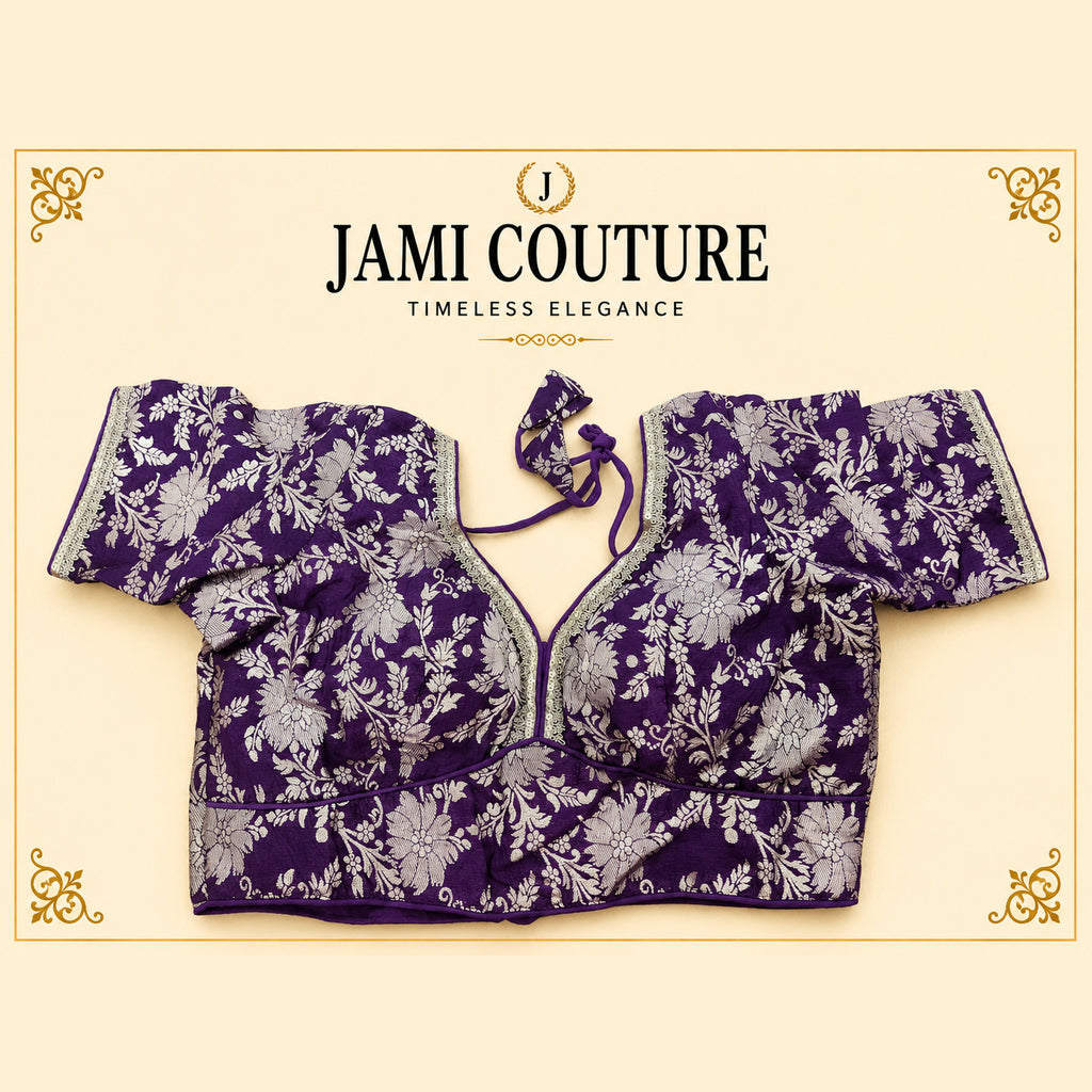 Dola Silk Readymade Blouse, Silver Floral Weave