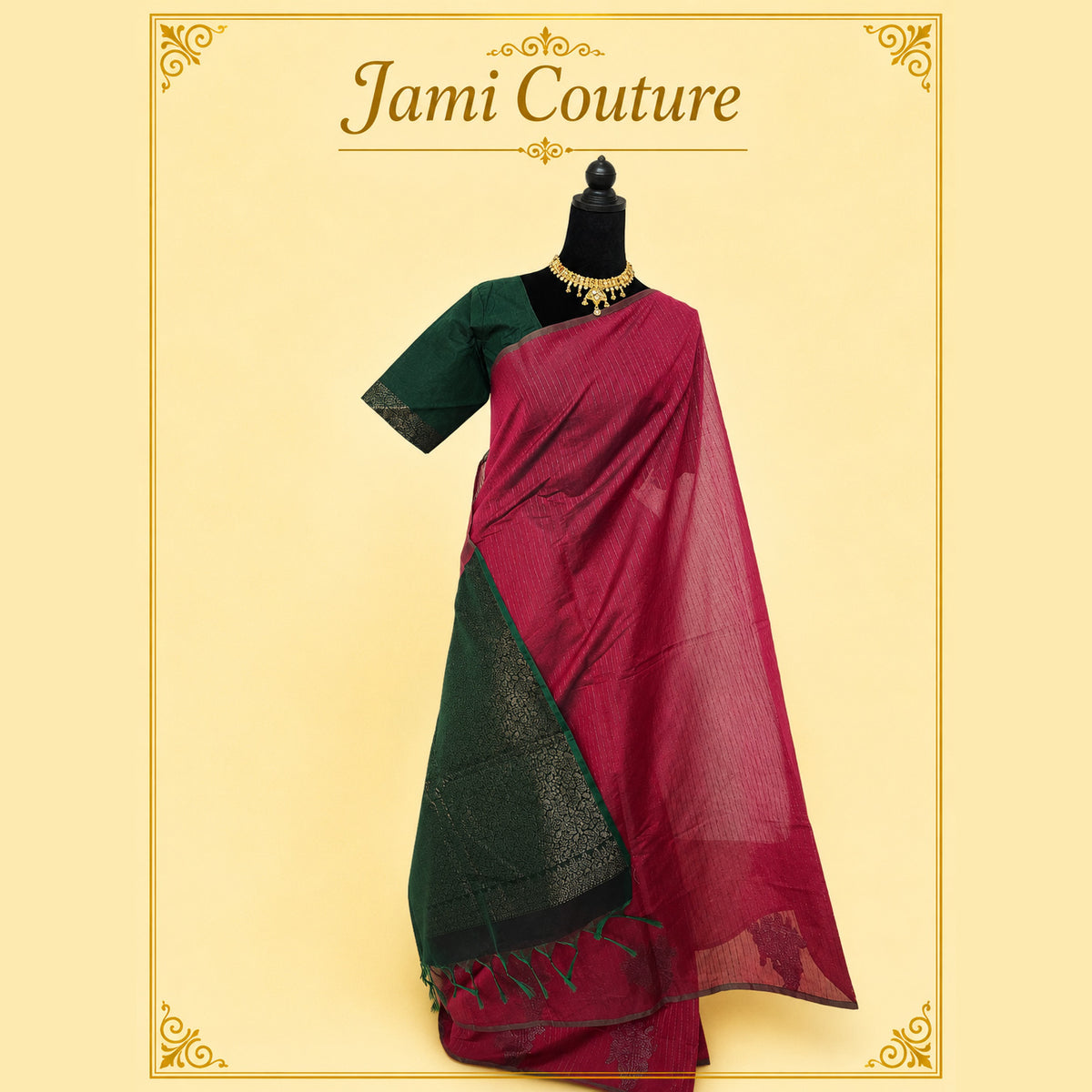 Rani Pink Kanchi Cotton Saree, Green Pallu & Blouse