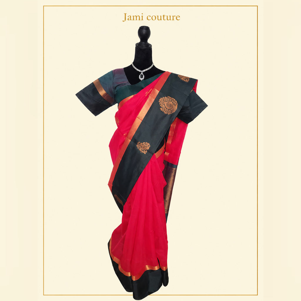 Rani Pink Silk Cotton Saree, Bottle Green Border