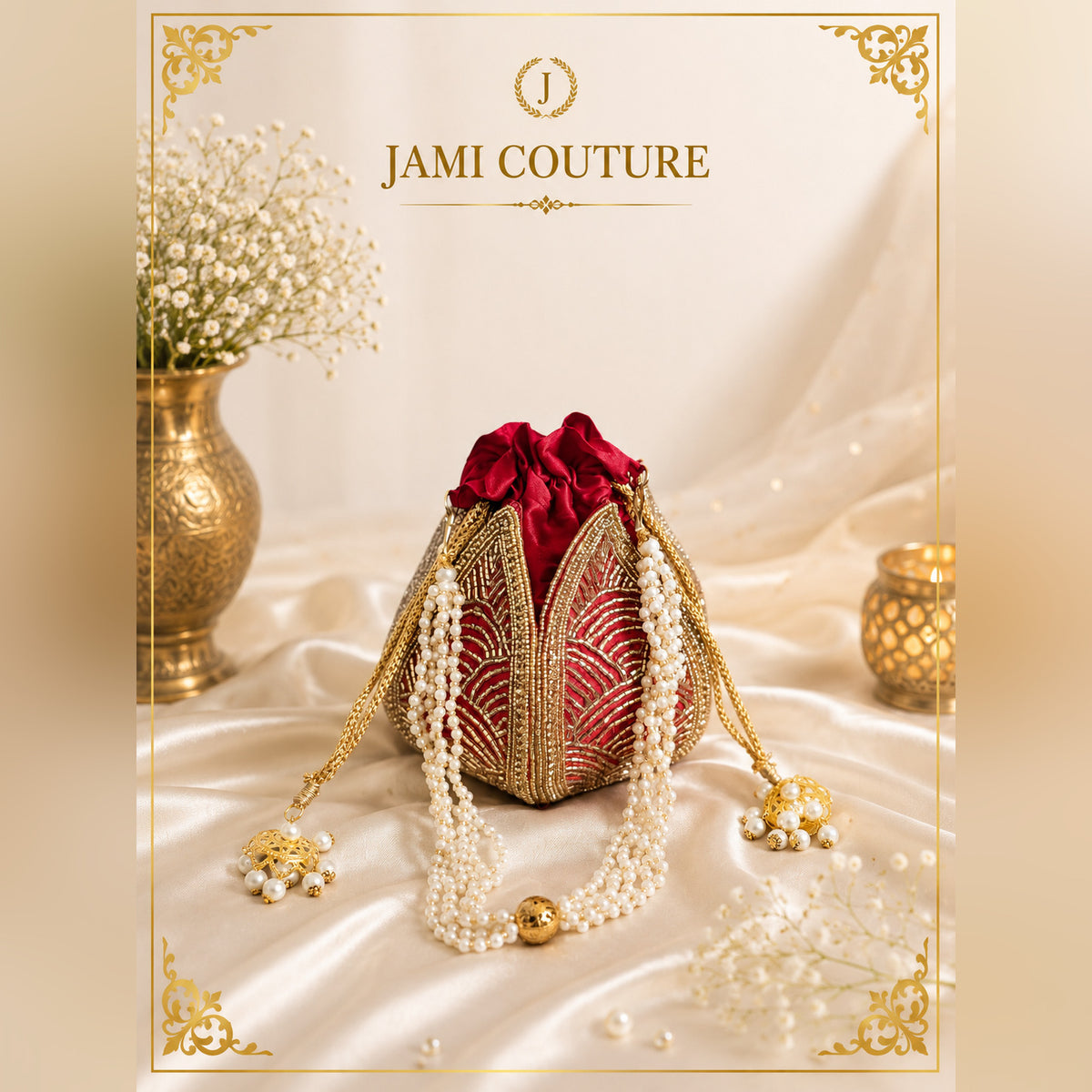 Red and White Embroidered Potli Clutch