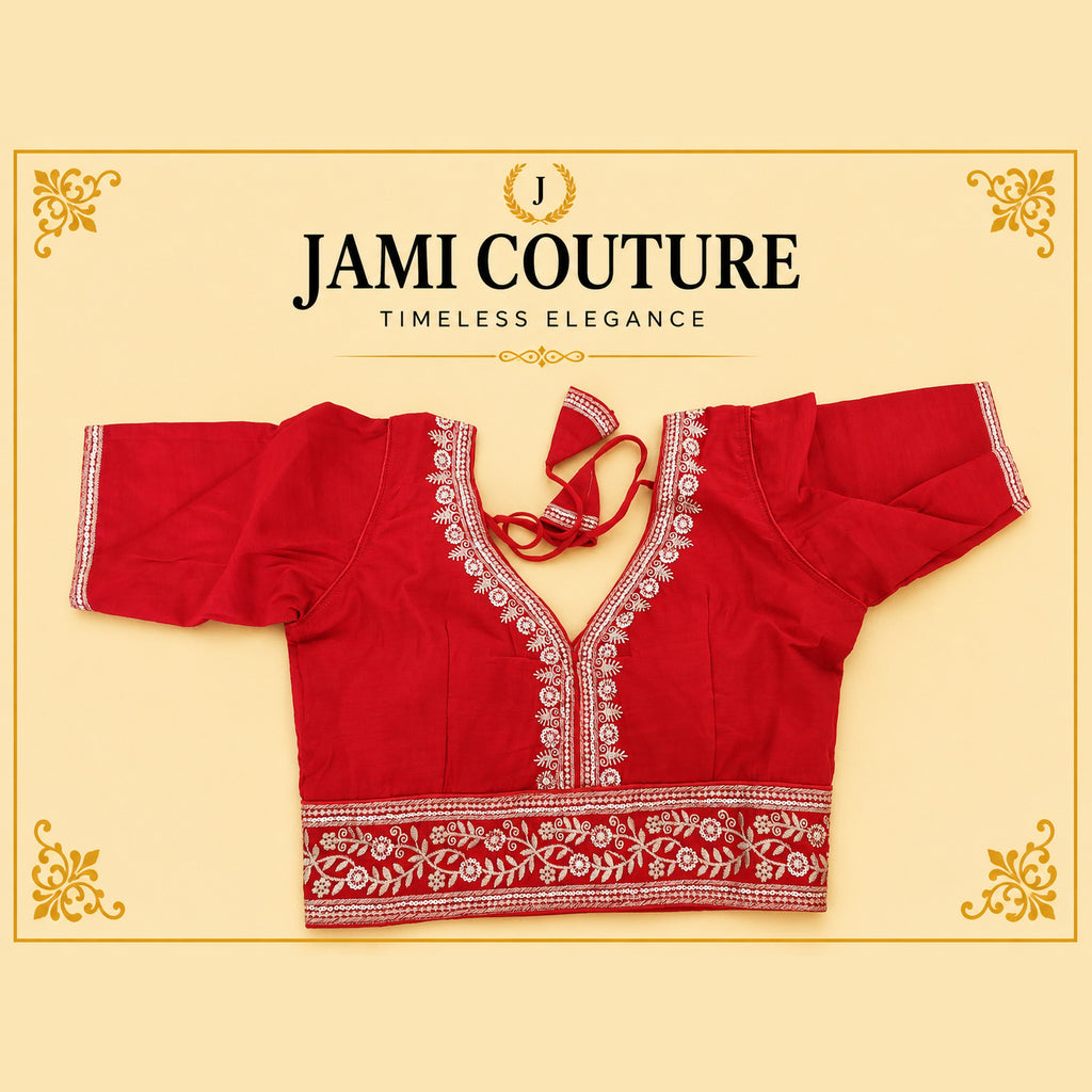 Red Roman Silk Readymade Blouse, Golden Embroidery