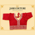 Red Roman Silk Readymade Blouse, Golden Embroidery