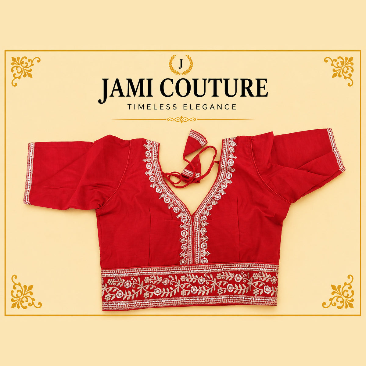 Red Roman Silk Readymade Blouse, Golden Embroidery