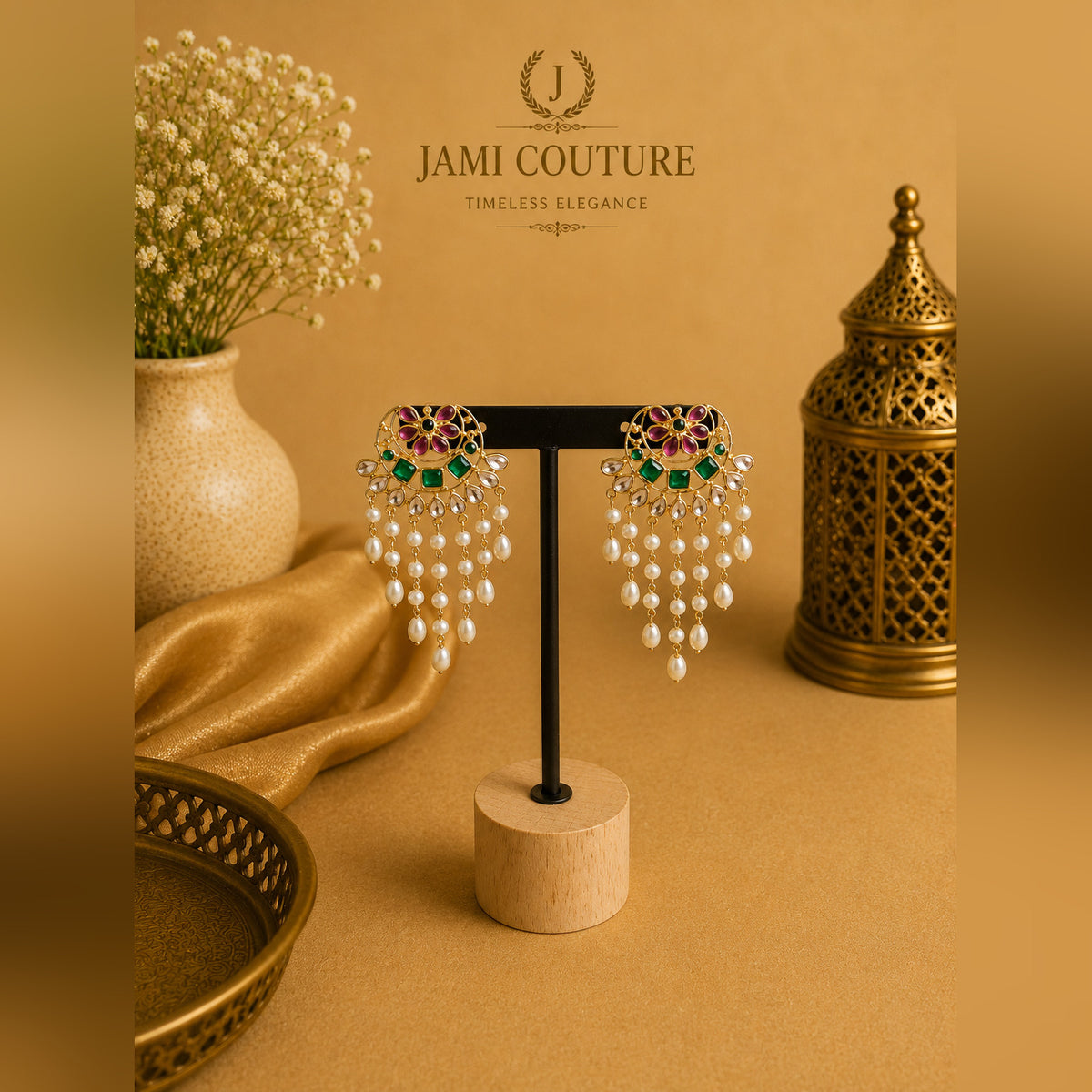 Rose Pink & Emerald Kundan Chandelier Earrings