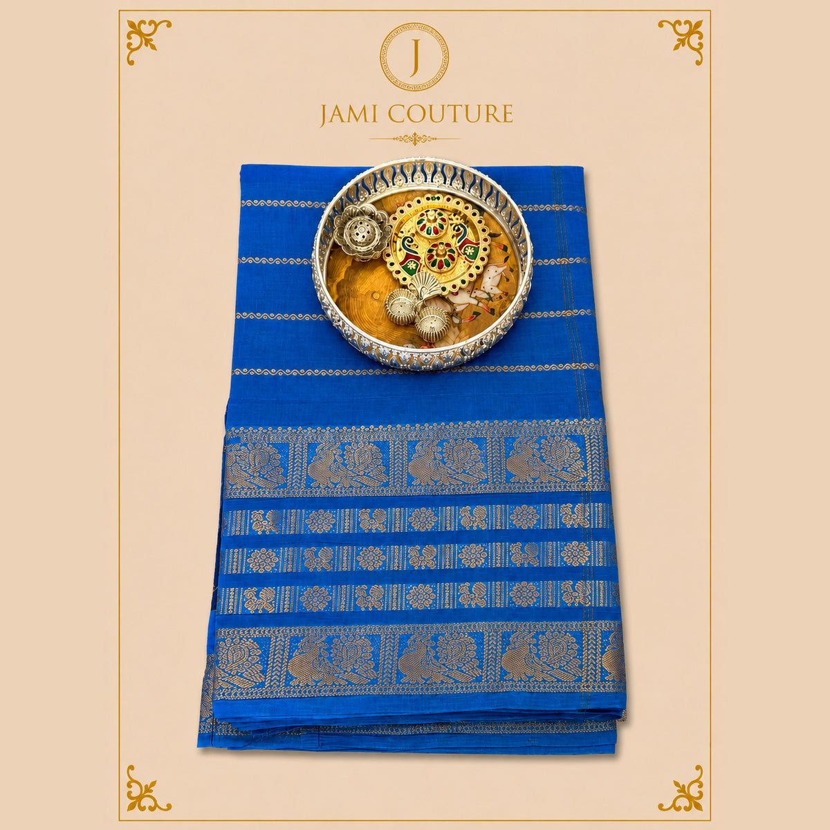 Royal Blue Silk Cotton Saree, Peacock Border & Blouse