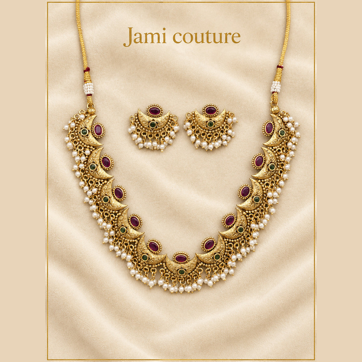 Antique Gold Ruby & Emerald Pearl Necklace Set with Chandbali Earrings | Matte Gold Plated