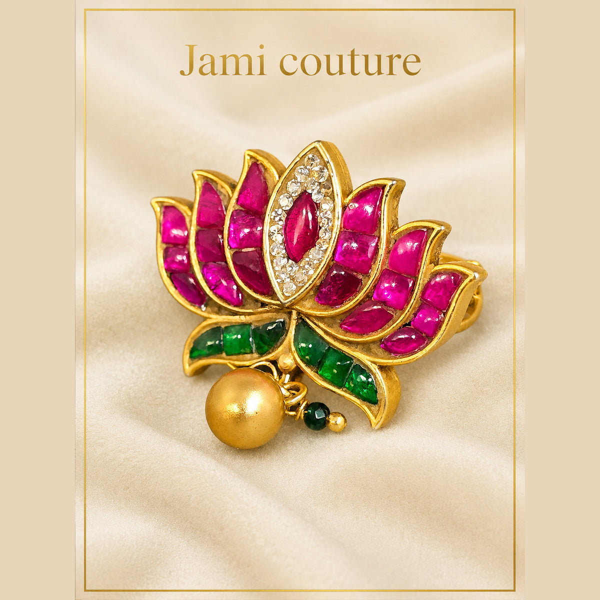 Ruby & Emerald Lotus Jadau Ring with Gold Bead Drop
