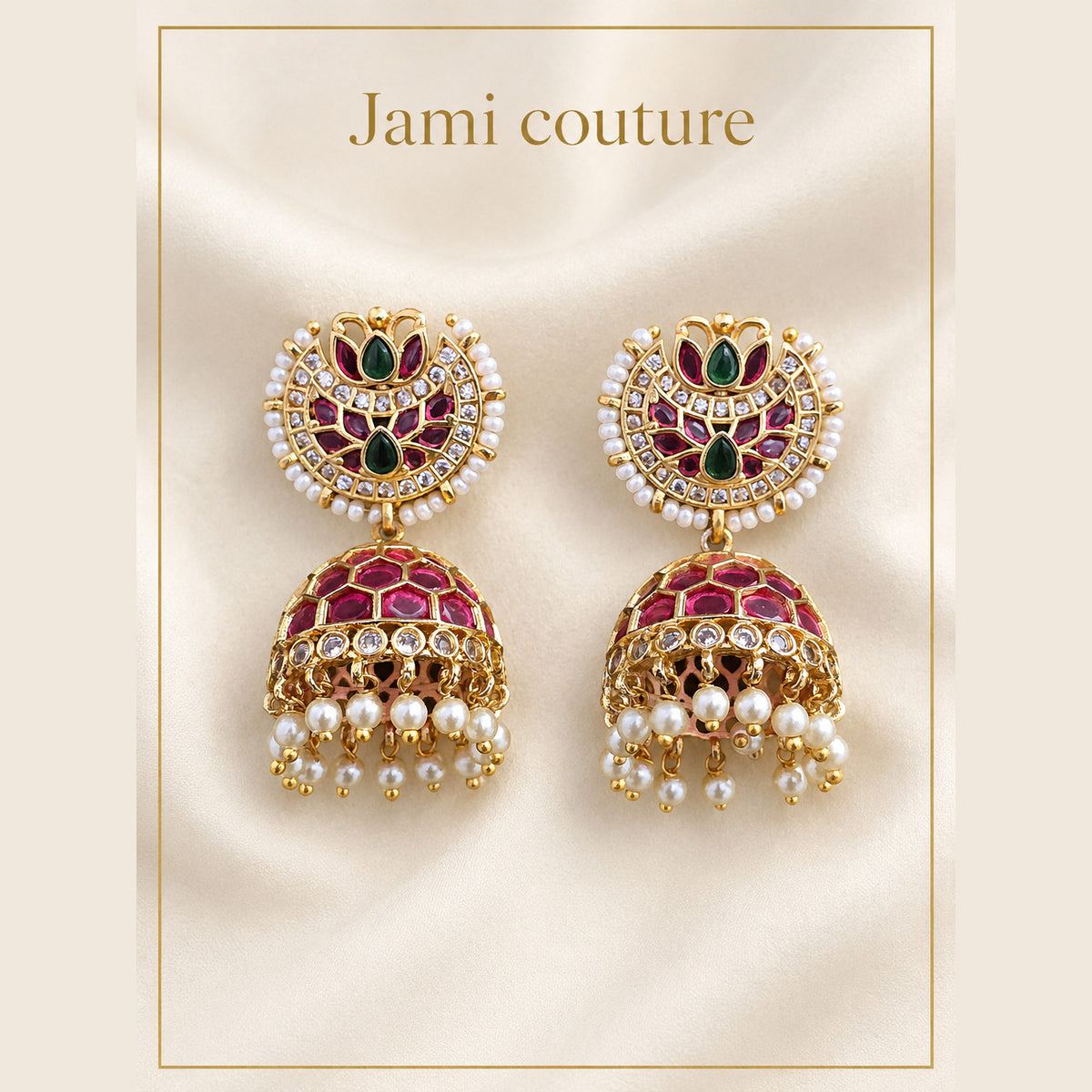 Ruby, Emerald & White Kundan Jhumkas, Pearl Fringe