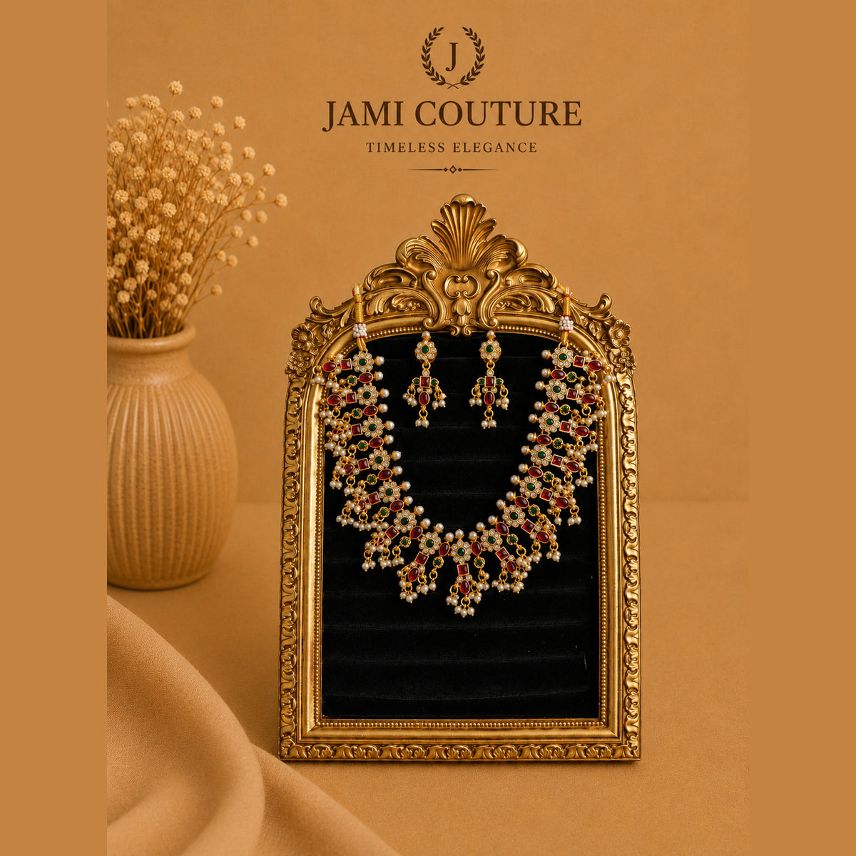 Ruby, Emerald & White Stone Necklace Set with Earrings