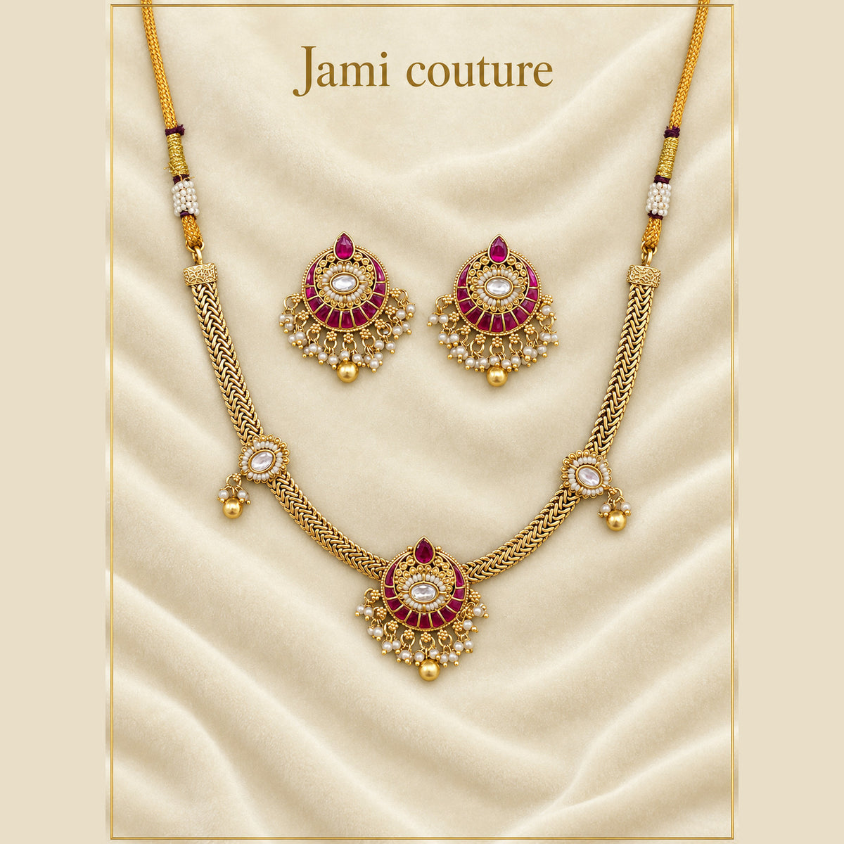 Antique Gold Ruby & Kundan Pearl Necklace Set with Chandbali Earrings | Matte Gold Plated
