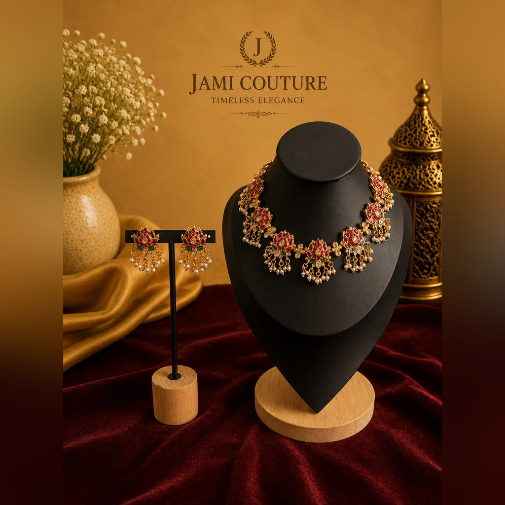 Ruby & Emerald Lotus Jadau Necklace Set