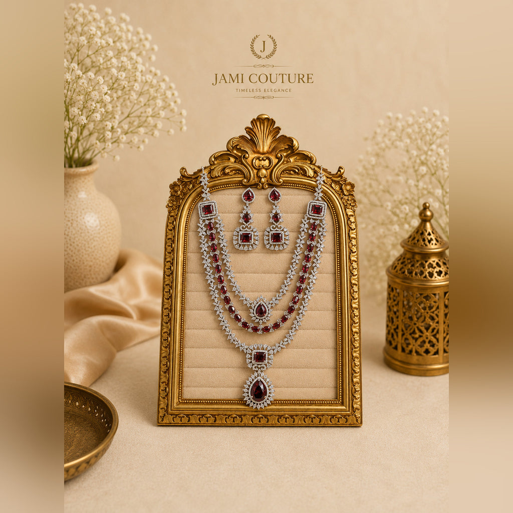 Ruby Red Layered CZ Necklace Set with Earrings