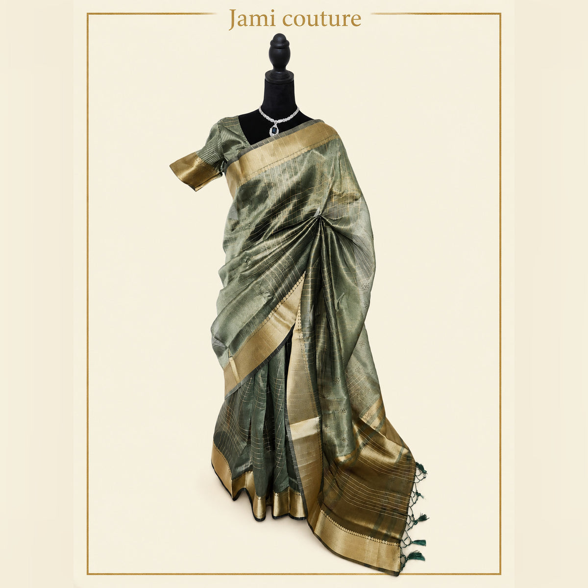 Sage Green Tissue Organza Saree, Gold Zari Checks