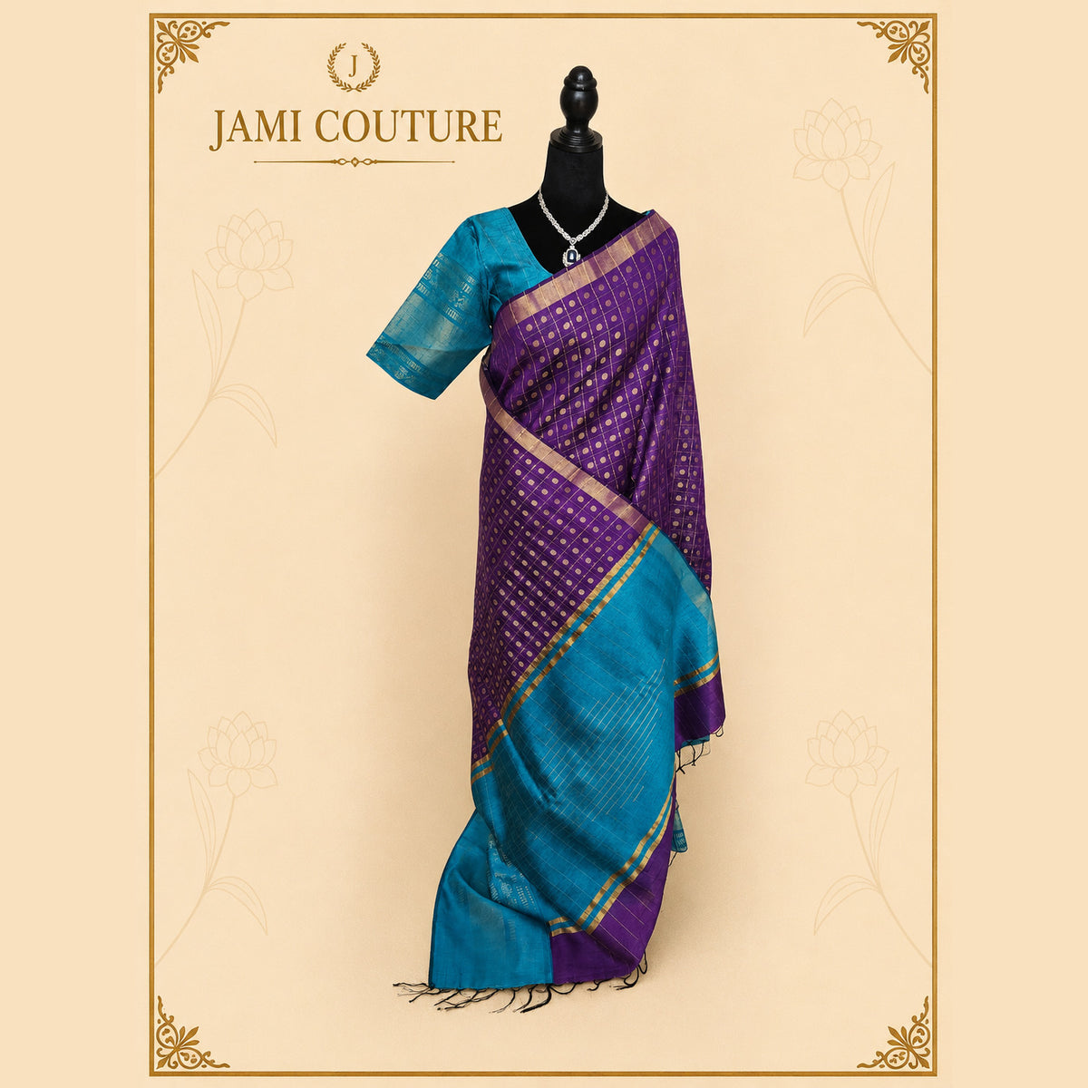Purple & Turquoise Silk Cotton Saree, 1000 Butta Weave