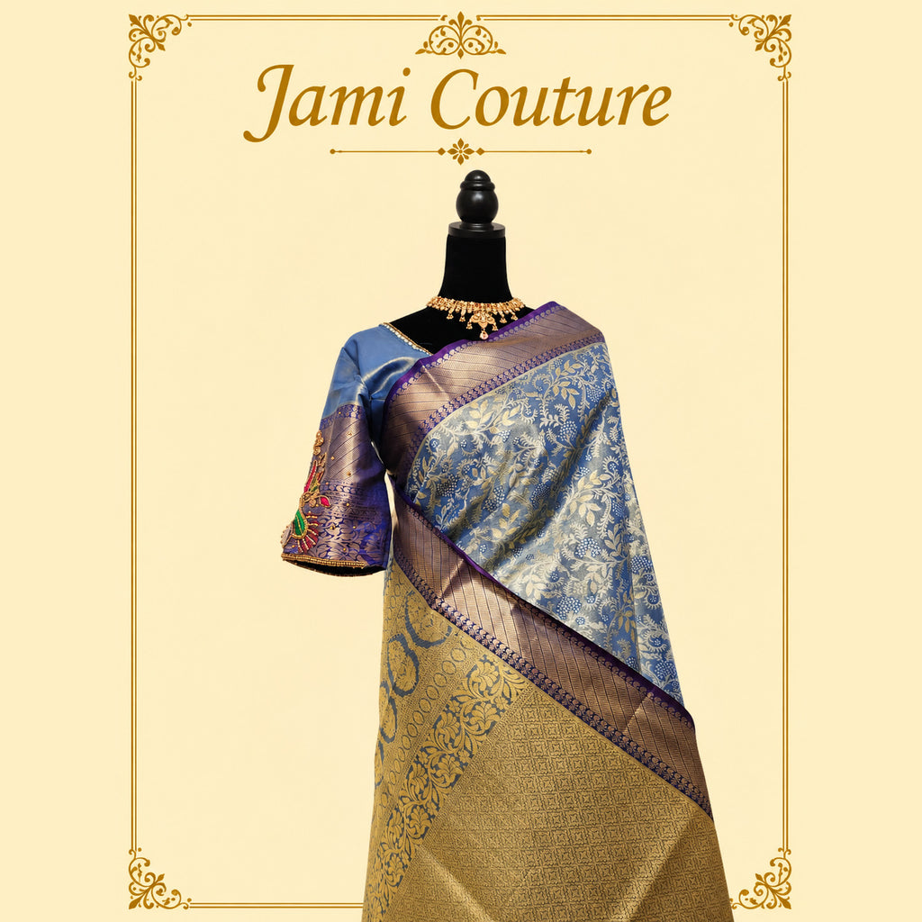 Steel Blue Kanchivaram Silk Saree, Purple Border