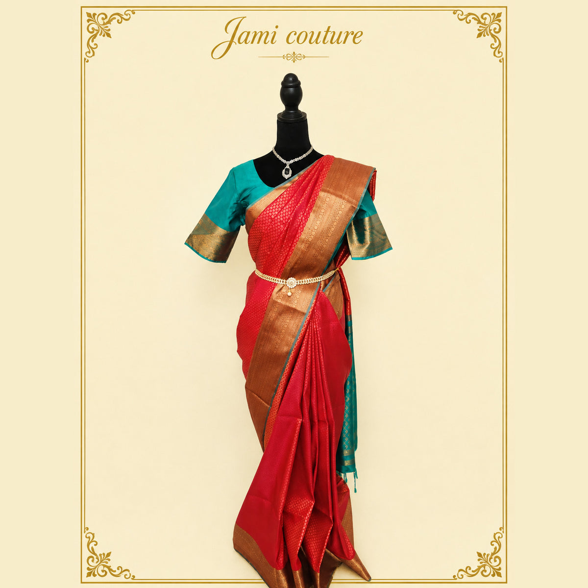 Red & Teal Handloom Tussar Silk Saree with Blouse