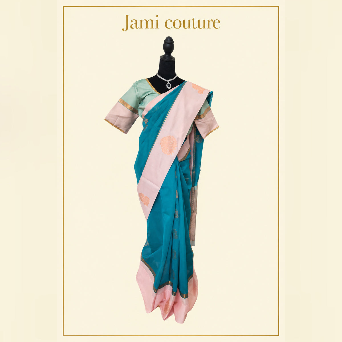 Teal Silk Cotton Saree, Peach Zari Border & Mint Blouse