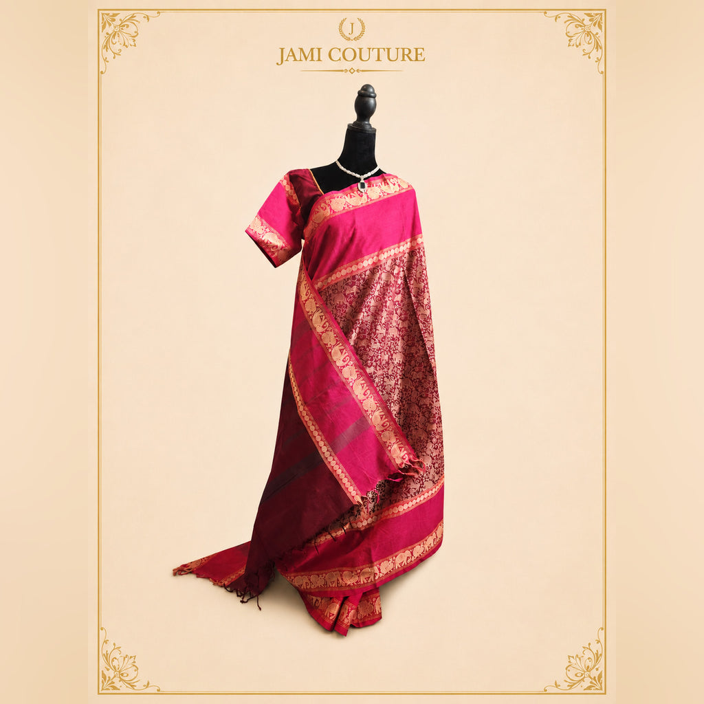 Vana Soundaryam Wine Handloom Silk Cotton Saree, Pink Blouse